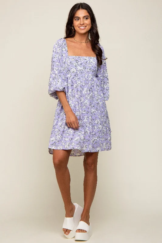 Lavender Floral Square Neck Back Cut Out Tie DressSlit Dress