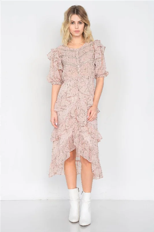 Dusty Rose Watercolor Floral Print Middle Slit Lace Sheer Trim Midi Dress /3-2-1Rain Dress