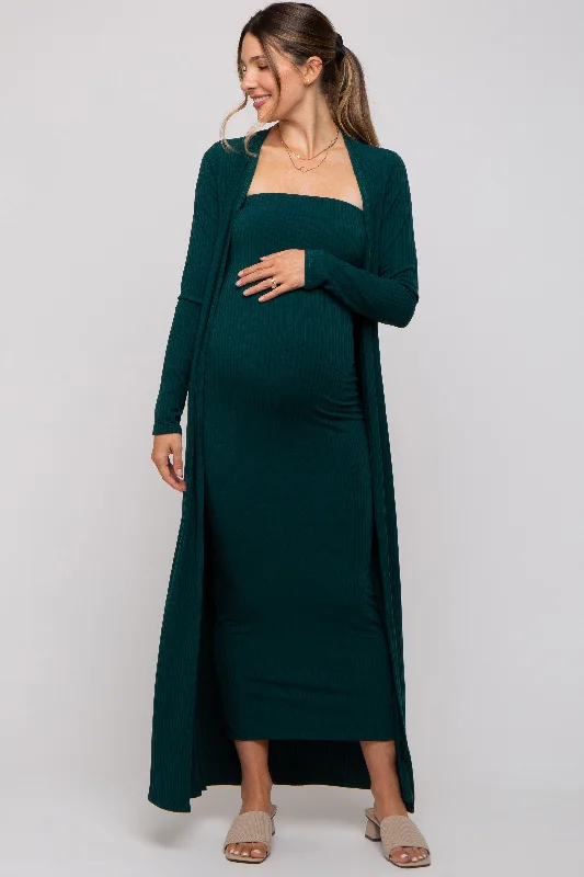 Forest Green Ribbed Sleeveless Dress Cardigan Maternity SetTutu Dress