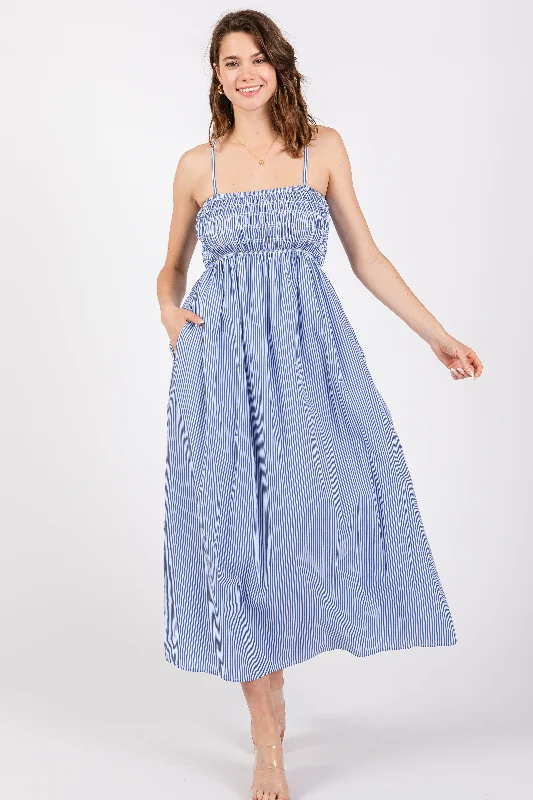 Blue Bartlett Striped Smocked Midi DressHigh-low Dress