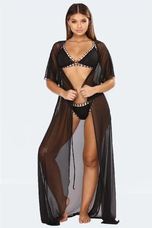 Black Sheer Mesh Midi Sleeve Drawstring Waist Maxi Kimono Cover Up