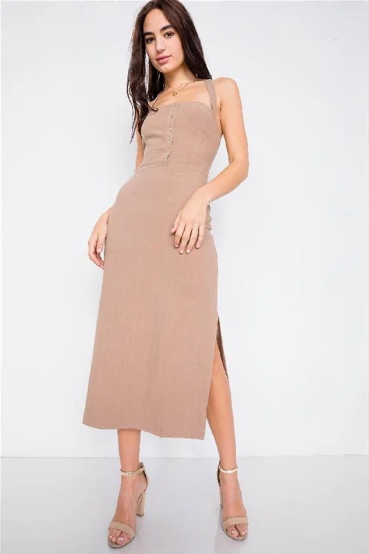 Khaki Linen Lace-Up Open Back Midi Slit Casual Chic Dress /3-2-1Thermal Dress