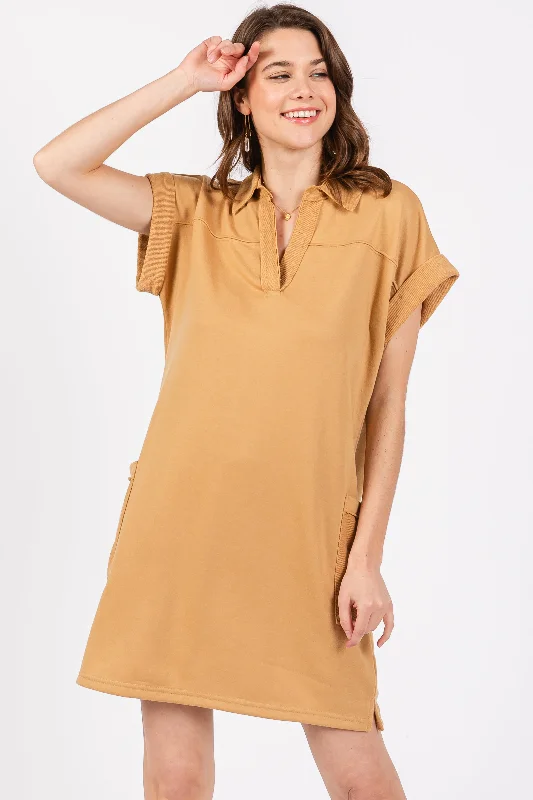 Mustard Terry Cuff Sleeve Pocketed Collared DressMini Dress