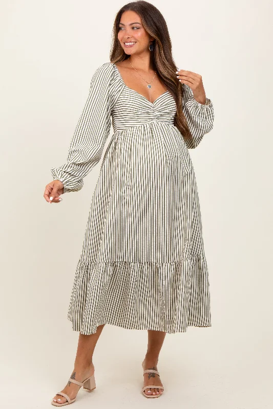 Olive Striped Ruched Bodice Balloon Sleeved Maternity Midi DressCocktail Dress