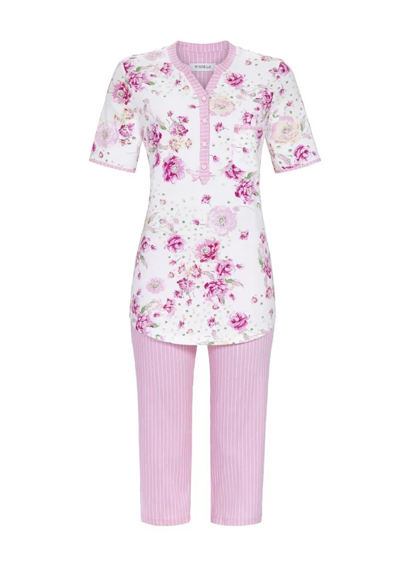 Ringella Floral & Pinstripe Capri Pyjama Set, White Multi