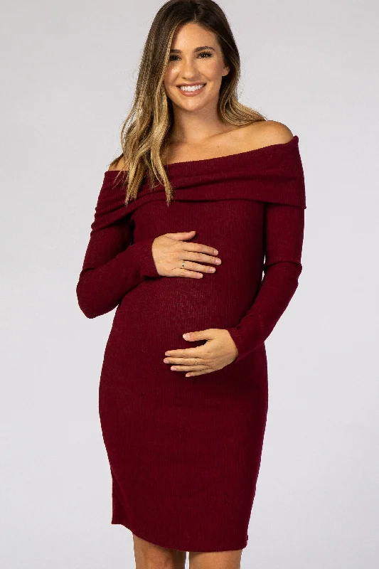 Burgundy Soft Ribbed Folded Neck Off Shoulder Maternity DressMaxi Dress