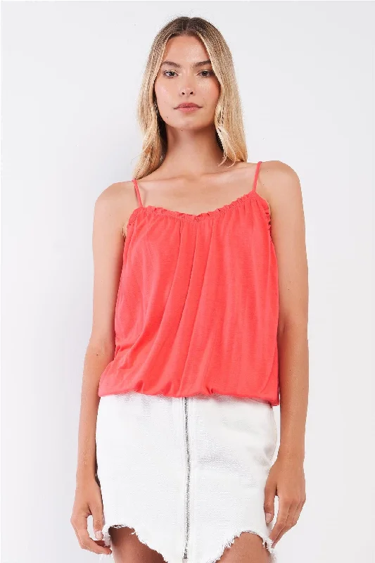 CamisoleWaveCoral Sleeveless Frill Trim Round Neck Relaxed Cami Top /2-3-1