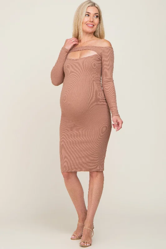 Taupe Off Shoulder Front Cutout Maternity DressHalter Dress