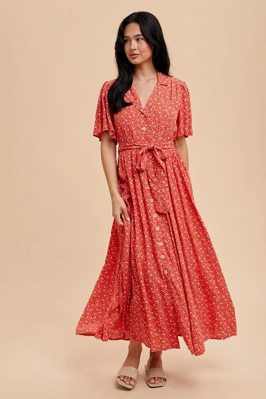 Red Flutter Sleeve Button Down Maxi DressPrinted Dress