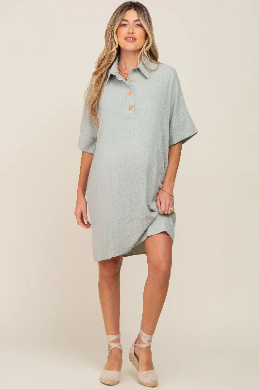 Light Olive Linen Front Button Collared Maternity DressOpaque Dress