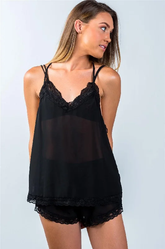 CamisoleOasisBlack Lace Racerback Cami And Shorts Pajama Set /3-2-1