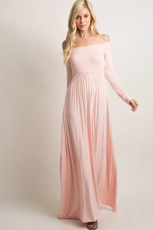 PinkBlush Pink Solid Off Shoulder Maxi DressSari Dress