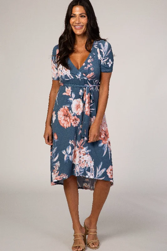 Blue Floral Draped Hi-Low DressWrap Dress