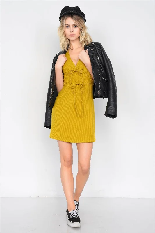 Mustard Ribbed V-Neck Cap Sleeve Mini Solid Casual Dress  /4-2-1Sleeveless Dress