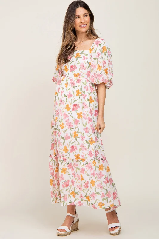 White Floral Puff Sleeve Maternity Maxi DressBridal Gown