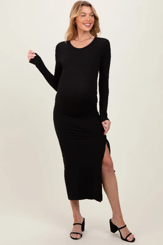 Black Ruched Tie Side Slit Maternity Midi DressTutu Dress