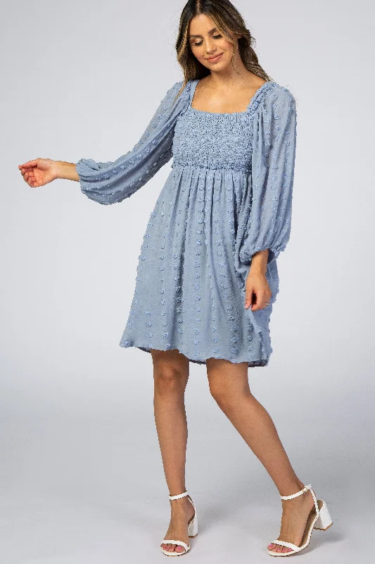 Light Blue Textured Dot Smocked Square Neck Chiffon DressDenim Dress