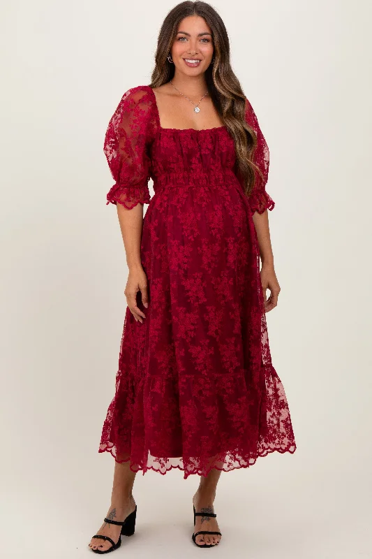 Burgundy Floral Mesh Lace Overlay Maternity Maxi DressOne-shoulder Dress