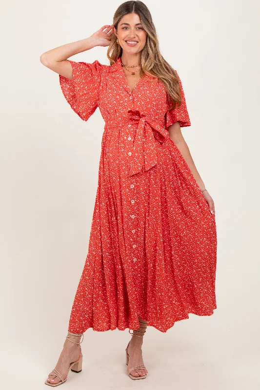 Red Flutter Sleeve Button Down Maternity Maxi DressLace Dress