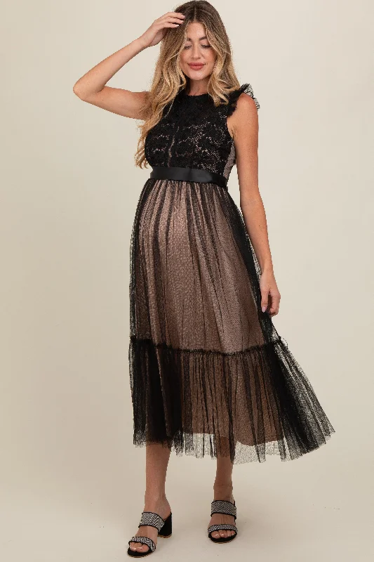 Black Lace Contrast Tulle Maternity Maxi DressKaftan Dress