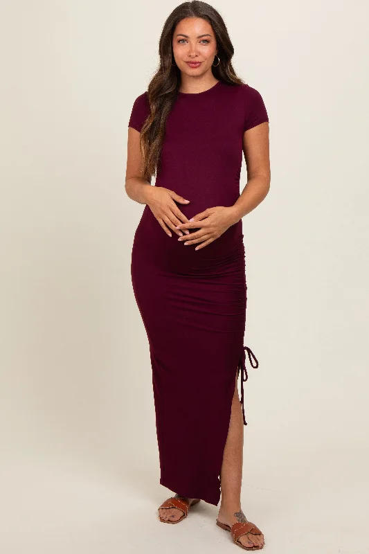 Burgundy Side Slit Maternity Maxi DressGolf Dress