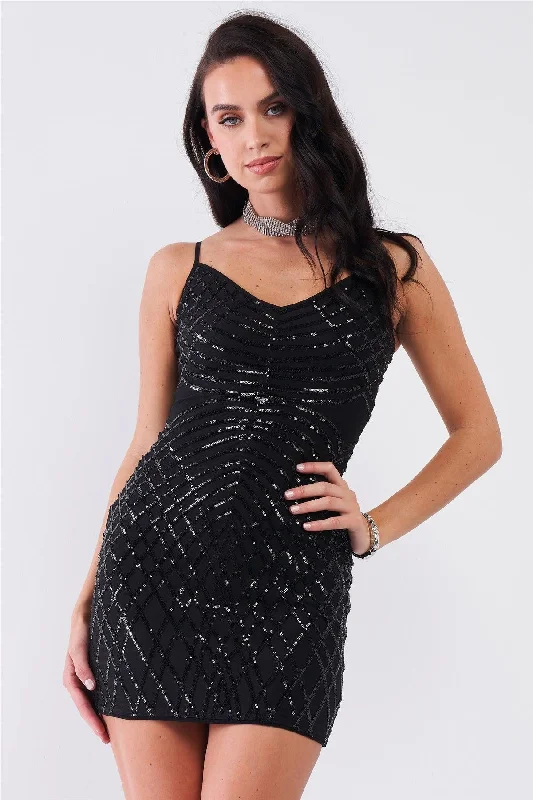 Secret Society Black Sequin Pattern Mini DressVintage Dress