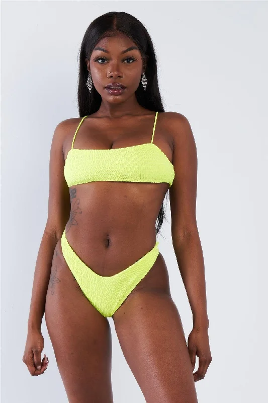 Adjustable bikiniNeon Yellow Square Neck Cami & V-Cut High Thigh Bikini Set /3-2-1