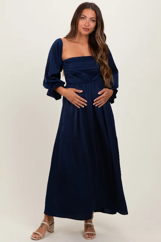 Navy Off Shoulder Satin Pleated Bodice Maternity Maxi DressKaftan Dress