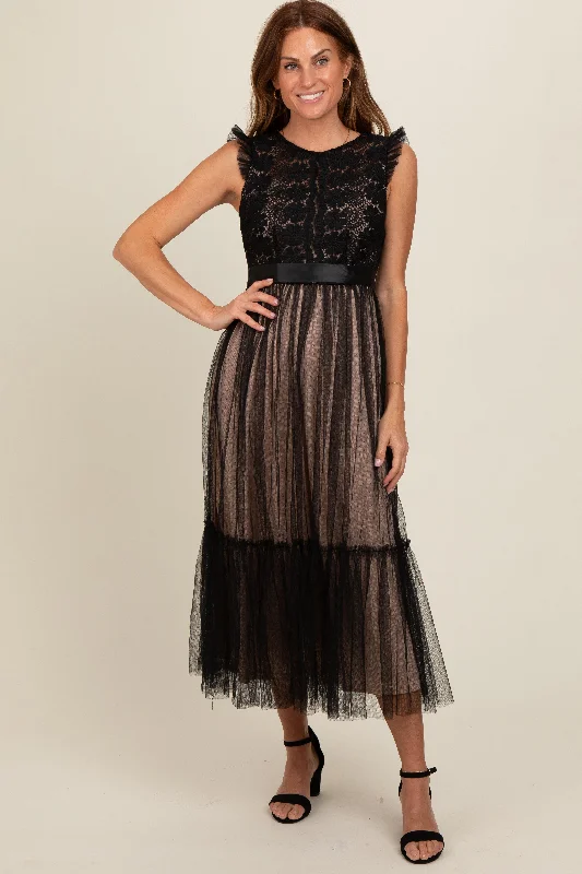 Black Lace Contrast Tulle Maxi DressEthnic Dress