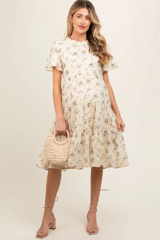 Cream Floral Print Eyelet Lace Maternity DressA-line Dress