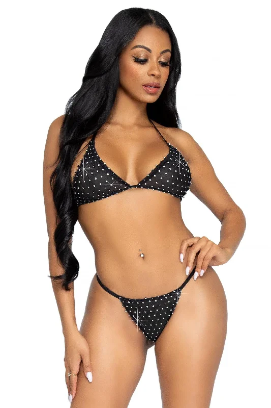 2 Piece Mesh Top & Rhinestone G-String Bikini Set