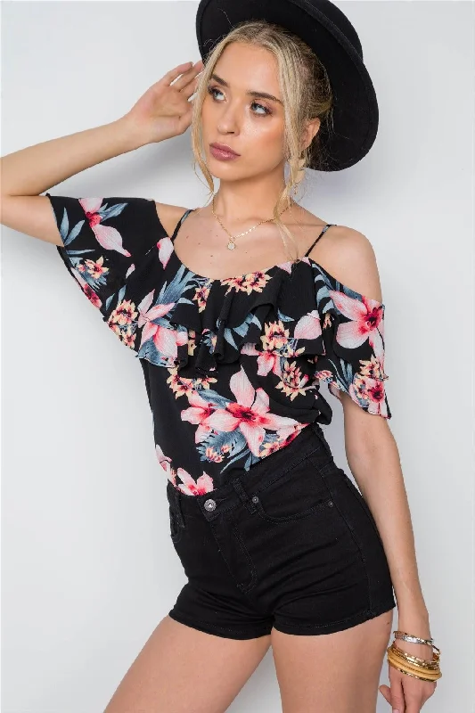 CamisoleNebulaBlack Tropical Floral Print Cami Flounce Coral /2-2-2