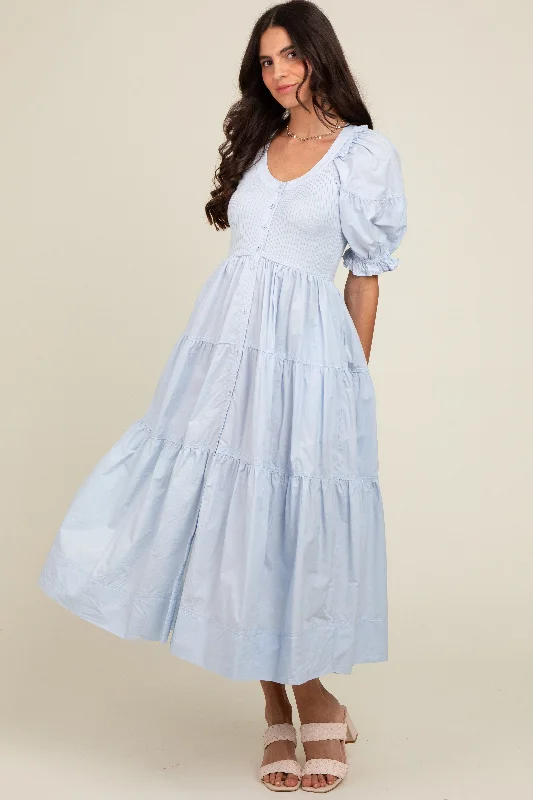 Light Blue Contrast Top Tiered Midi DressSlit Dress