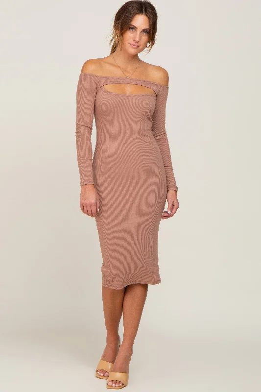 Taupe Off Shoulder Front Cutout DressSpaghetti Strap Dress