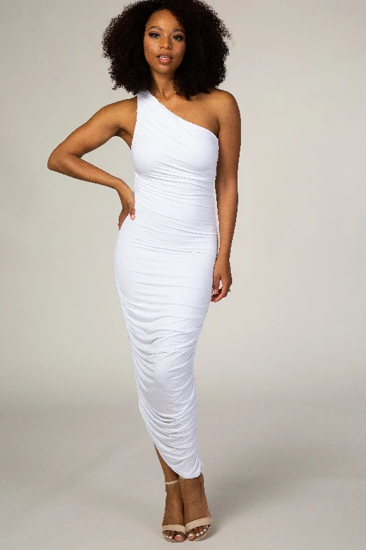 White Ruched One Shoulder DressProm Dress