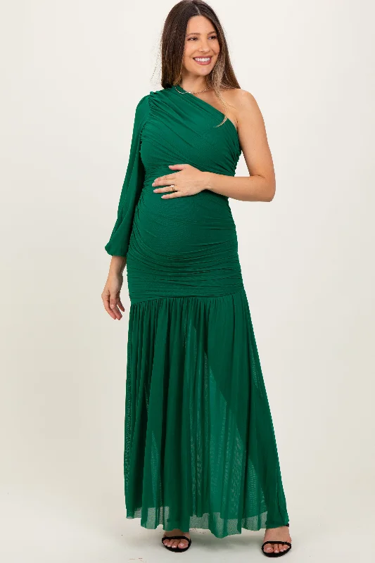 Forest Green Ruched Mesh One Shoulder Asymmetric Maternity Maxi DressVintage Dress