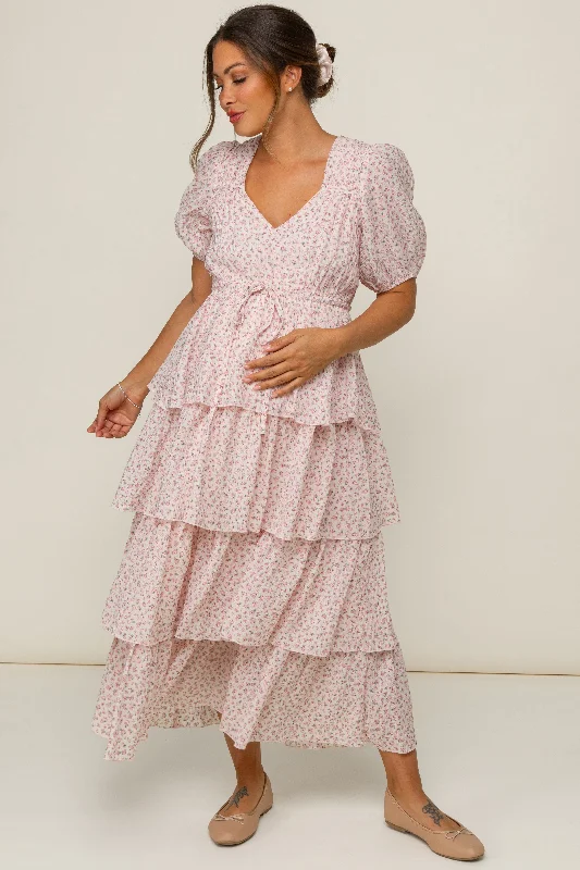 Light Pink Floral Ruffle Tiered Maternity Maxi DressLong-sleeve Dress