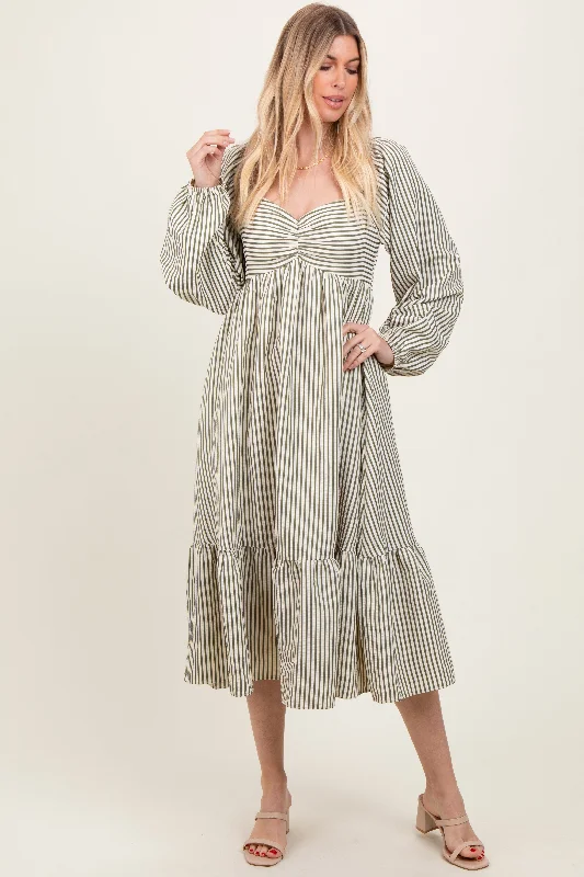 Olive Striped Ruched Bodice Balloon Sleeved Midi DressUtility Dress