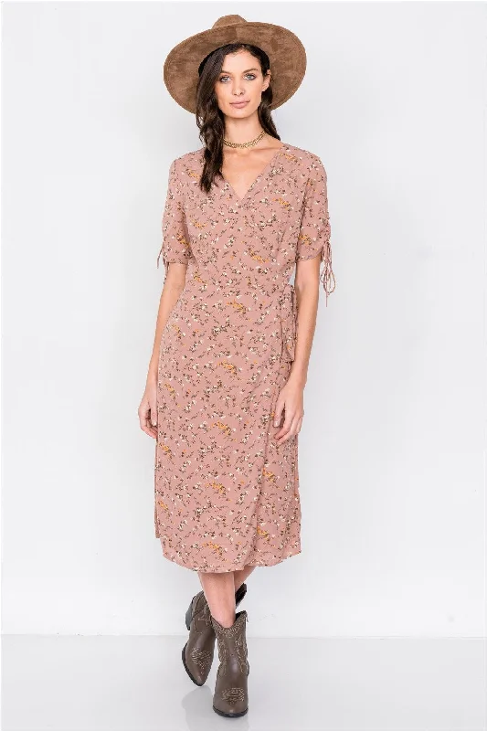 Dusty Rose Boho Floral Print Midi Dress /4-2Cocktail Dress