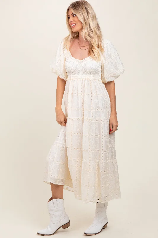 Ivory Smocked Puff Sleeve Maxi DressChiffon Dress