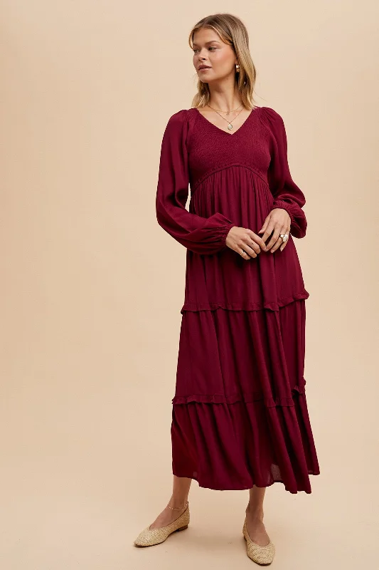 Burgundy Smocked Tiered Midi DressSatin Dress