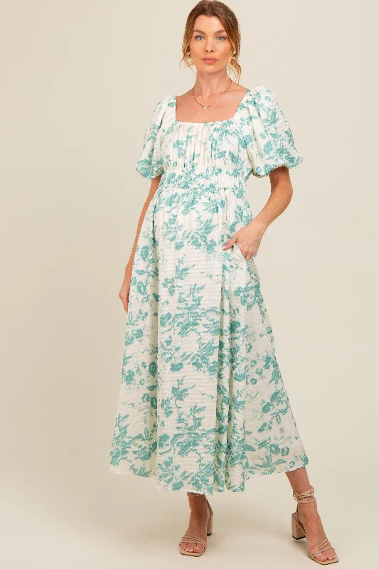 Teal Floral Puff Sleeve Maternity Midi DressCasual Dress