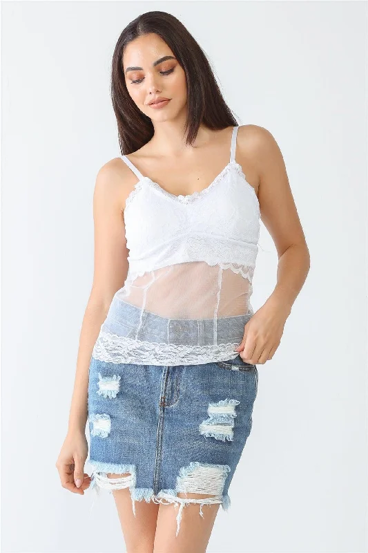 White Sheer Mesh Lace Sleeveless Push-Up Bustier Top