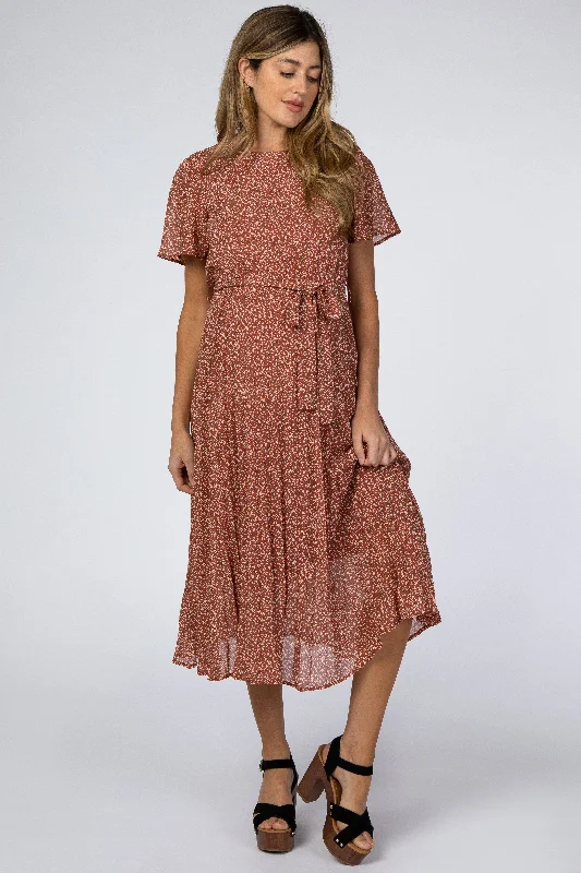 Rust Leaf Print Pleated Maternity Midi DressBusiness Dress