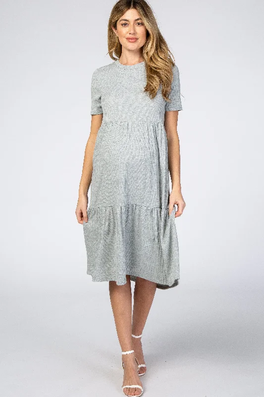 Heather Grey Ribbed Tiered Maternity DressFleece-lined Dress