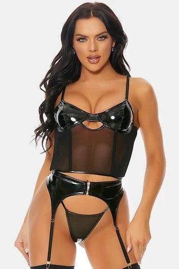 Black Vinyl Mesh Three Piece Set Lingerie /2-2