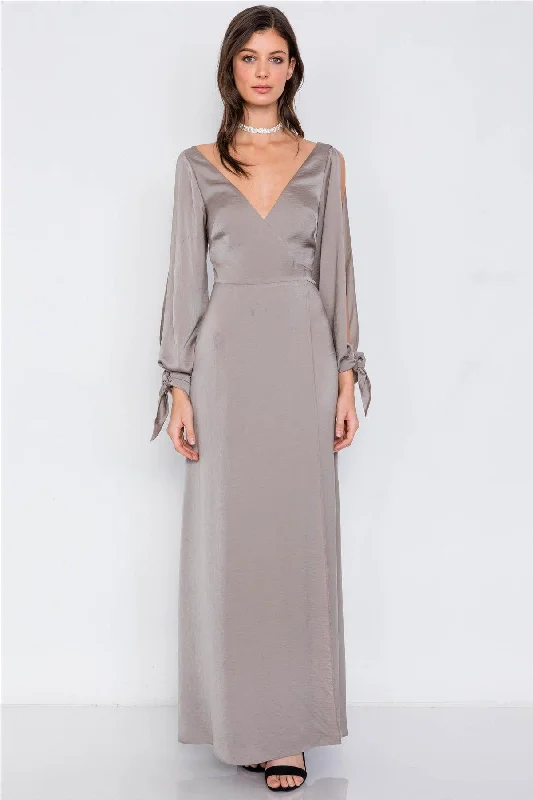 Gun Metal Satin Cold Shoulder Wrap Chic V-Neck Maxi Dress /3-2-1Casual Dress