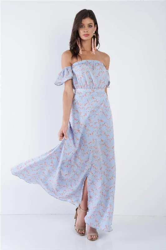 Sky Blue Boho Floral Off-The-Shoulder Maxi Dress  /3-2-1Tactical Dress