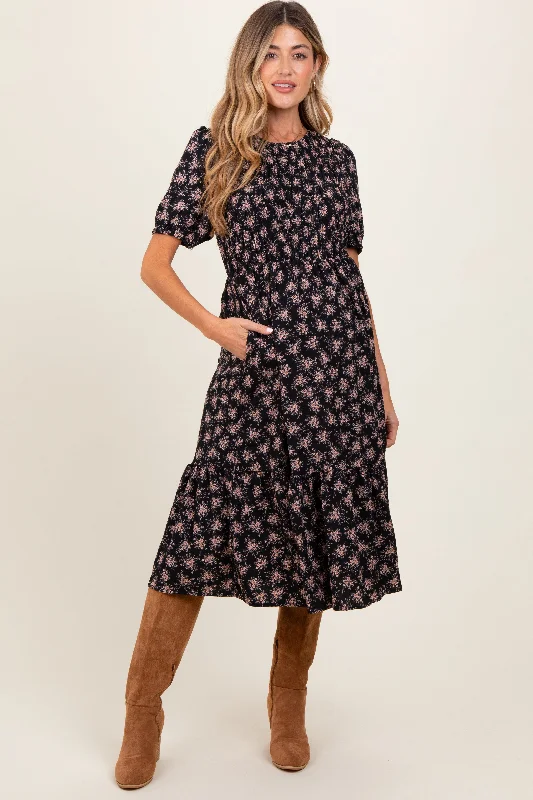 Black Floral Puff Sleeve Smocked Maternity Midi DressT-shirt Dress