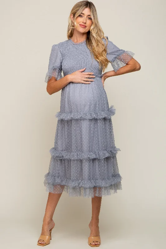 Light Blue Polka Dot Tulle Smocked Maternity Midi DressRunning Dress